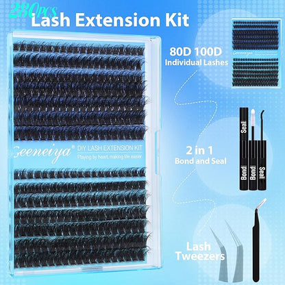 Geeneiya Thick Lashes Extension Kit DIY Lash Clusters Kit Full Eyelash Extension Kit with Lash Bond and Seal Lash Glue, Lash Applicator for Beginners (80D+100D,10-18MM, 280Pcs)