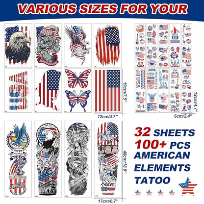 Independence Day Temporary Tattoo,4th of July Sleeve Tattoo, American Flag Fake Tattoos,Red White and Blue Party Supplies,USA Flag, Memorial Day, Labor Day