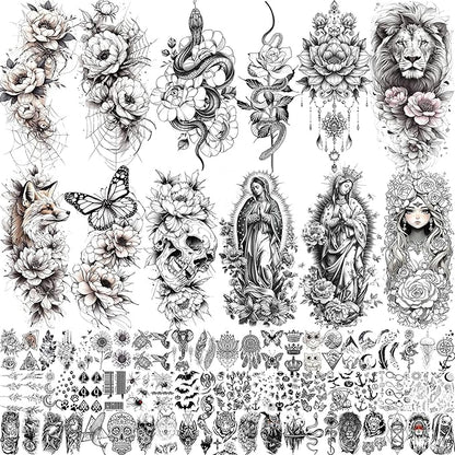 75 Sheets Black Realistic 3D Rose Flowers Temporary Tattoos For Women Girls Adults, Guadalupe Virgin Mary Lotus Snake Peony Florals Blossom Fake Tattoo Stickers Forearm Lion Fox Spider Web Skull Lotus