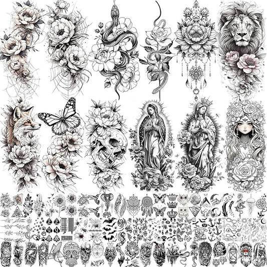 75 Sheets Black Realistic 3D Rose Flowers Temporary Tattoos For Women Girls Adults, Guadalupe Virgin Mary Lotus Snake Peony Florals Blossom Fake Tattoo Stickers Forearm Lion Fox Spider Web Skull Lotus