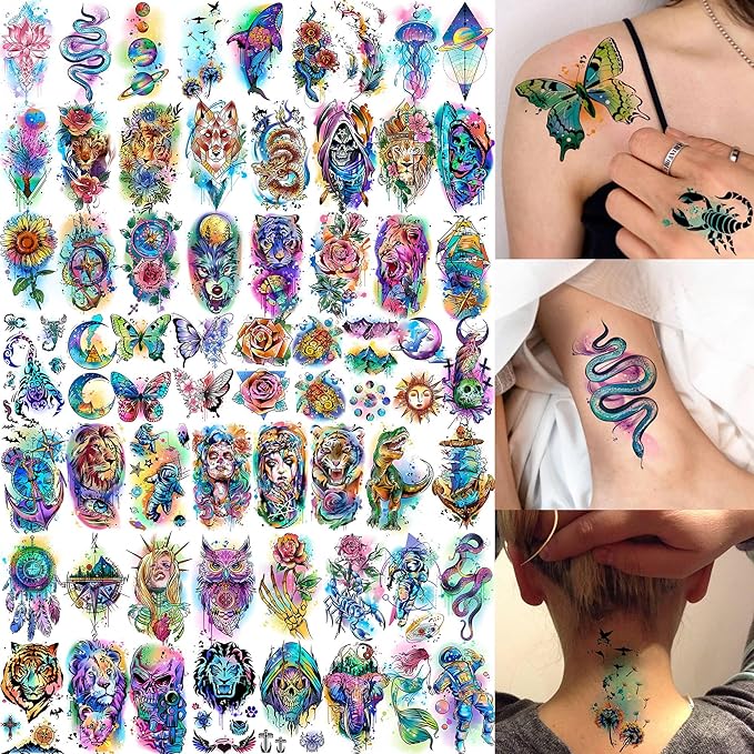 70 Sheets Watercolor Raccoon Phoenix Temporary Tattoos For Women Girls Adults, Water Color Tiger Lion Rose Flower Half Arm Sleeve Tattoo Stickers Peony Floral, Waterproof Fake Tattoos Butterfly Skull