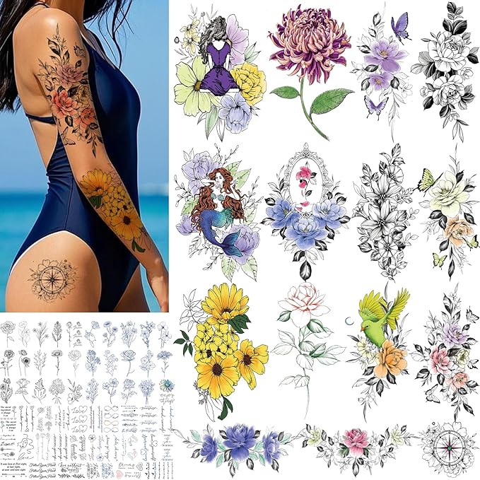 Flower Temporary Tattoos for Womens Arm Neck Leg, Multi-Colored Body Art Fake Tattoos For Adults Girl, Realistic Tattoos Half Sleeve Temporary Tattoos
