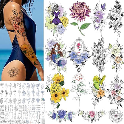 Flower Temporary Tattoos for Womens Arm Neck Leg, Multi-Colored Body Art Fake Tattoos For Adults Girl, Realistic Tattoos Half Sleeve Temporary Tattoos
