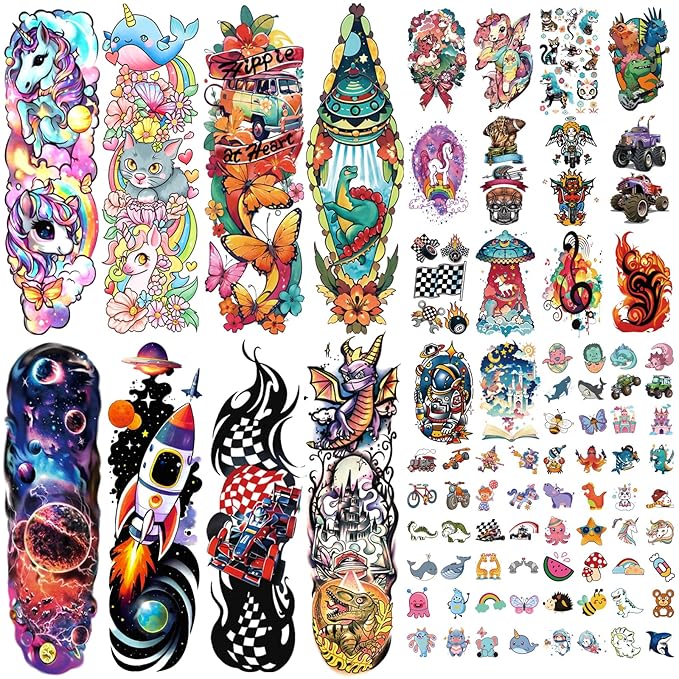 52 Pcs Temporary Tattoo for Kids Full Arm Castle Butterfly Cat Truck Dinosaur Rocket Planet Cute Animal Body Face Fake Arm Tattoos for Girls Boys Tiny Tattoo Stickers Birthday Gifts Party Supplies