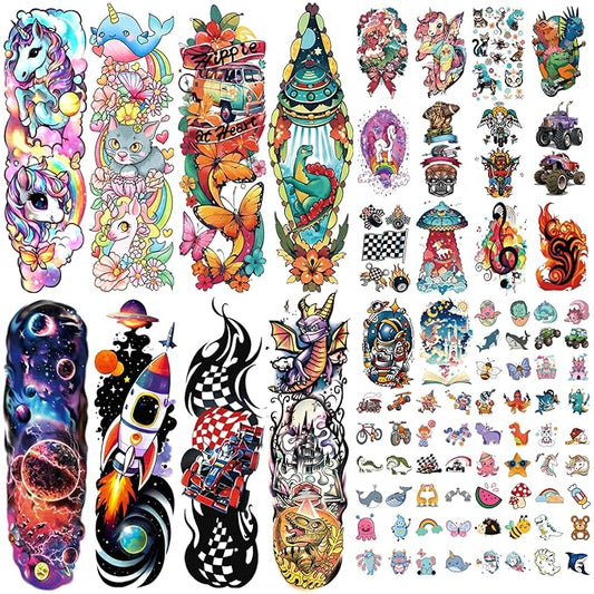 52 Pcs Temporary Tattoo for Kids Full Arm Castle Butterfly Cat Truck Dinosaur Rocket Planet Cute Animal Body Face Fake Arm Tattoos for Girls Boys Tiny Tattoo Stickers Birthday Gifts Party Supplies