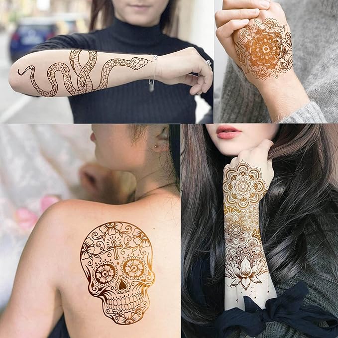 9 Sheets 95+ Patterns Flash Gold Temporary Tattoos For Women, Vintage Indian Tribal Bohemia Lotus Mandala Flower Fake Jewels Tattoo Sleeve For Adults, Glitter Golden Metallic Tatoo Sticker