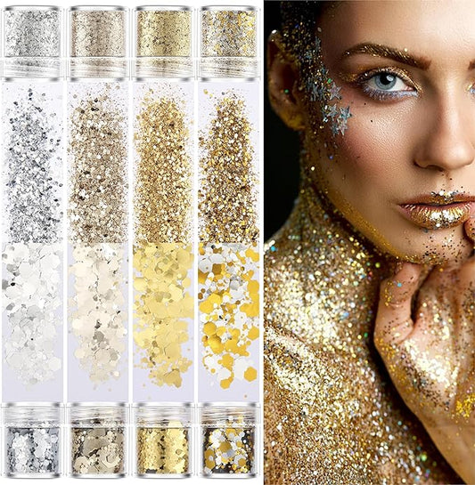 GABOX 8-Jar Gold Silver Glitter Set, Holographic Fine Powder & 1mm & 2mm & 3mm Sequins Flakes Set for Cosmetic - Nail - Resin, Iridescent Art Glitter for Body, Face, Eyes, Hair & Crafts