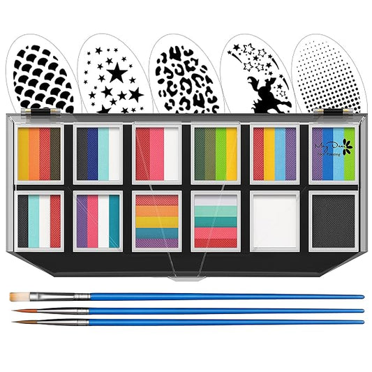 Maydear Face Painting Kit for Kids Adults, 12×10gm Professional Makeup Split Cake Palette, Safe and Non-Toxic Water Based Rainbow Face Body Paint Set with Stencils for Parties, Halloween, Christmas