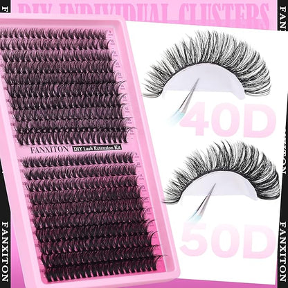 Wispy Lashes Cluster Kit Thick Eye Lash Clusters 40D+50D D 8-16mm Mix Lash Extension Kit Eyelash Clusters Volume Individual Lashes with Lash Bond and Seal and Tweezers