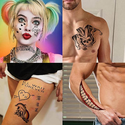 6 Sheets Halloween Joker Tattoo Sticker Decals, Damaged Joker Temporary Tattoos For Men Women Adults, Halloween Face HQ Tattoos Clown, Rave Party Accessories Costume Gothic Fake Tattoo Set