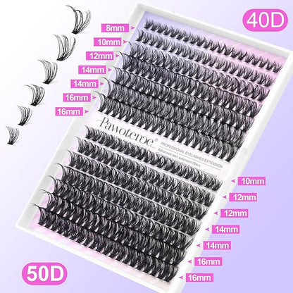Pawotence Lash Extension Kit Individual Lash Clusters Kit 40D 50D Eyelash Extension Kit 8-16mm Eyelash Clusters with Lash Bond and Seal, Lash Tweezers for Beginners (40D&50D, 0.07D, 8-16mm, Kit)