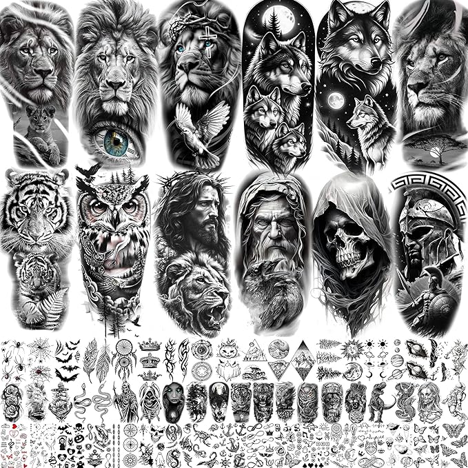 68 Sheets Black Tribal Wolf Lion Temporary Tattoos For Men Women, Halloween Skull Half Arm Sleeve Tattoo Stickers Tiger Zeus God Jesus Christ Gladiator, 3D Temp Waterproof Fake Tattoos For Adults Owl