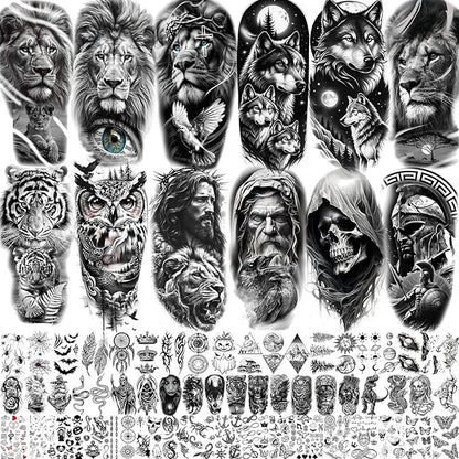 68 Sheets Black Tribal Wolf Lion Temporary Tattoos For Men Women, Halloween Skull Half Arm Sleeve Tattoo Stickers Tiger Zeus God Jesus Christ Gladiator, 3D Temp Waterproof Fake Tattoos For Adults Owl