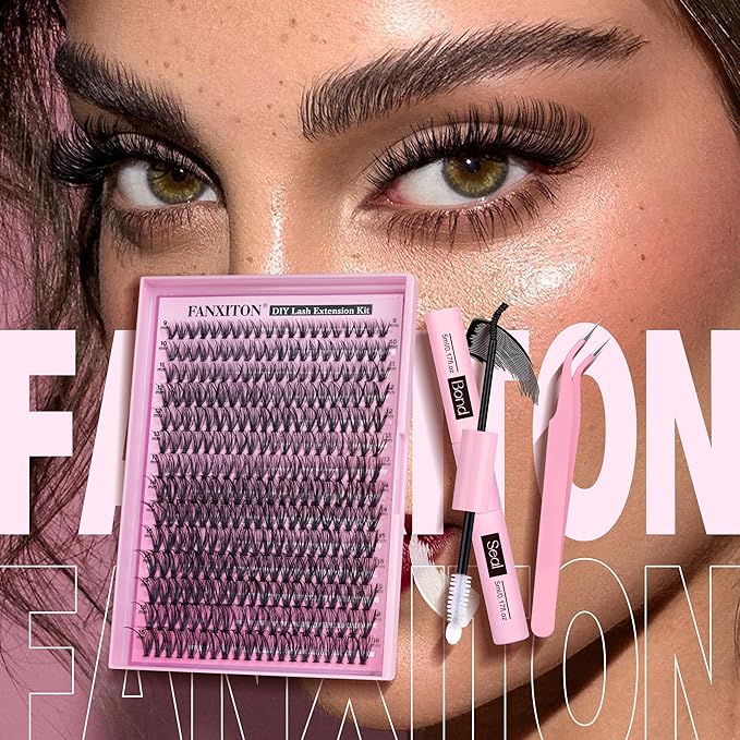 FANXITON DIY Lash Extension Kit 30D D Individual Lashes Lash Clusters Kit Cluster Lashes Lash Bond and Seal and Lash Tweezers for Lash Clusters Kit DIY at Home