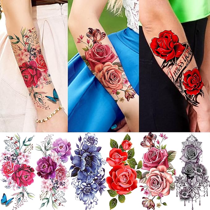 66 Sheets Peony Rose Flower Temporary Tattoos For Women Adults Thigh, 3D Lavender Butterfly Fake Tattoos Girls Arm Sleeve, Realistic Watercolor Floral Temp Tattoo Sticker Finger Tatoos Neck