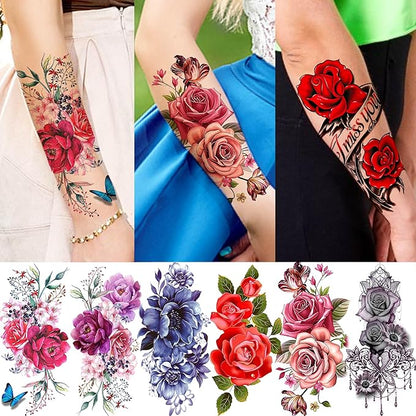 66 Sheets Peony Rose Flower Temporary Tattoos For Women Adults Thigh, 3D Lavender Butterfly Fake Tattoos Girls Arm Sleeve, Realistic Watercolor Floral Temp Tattoo Sticker Finger Tatoos Neck