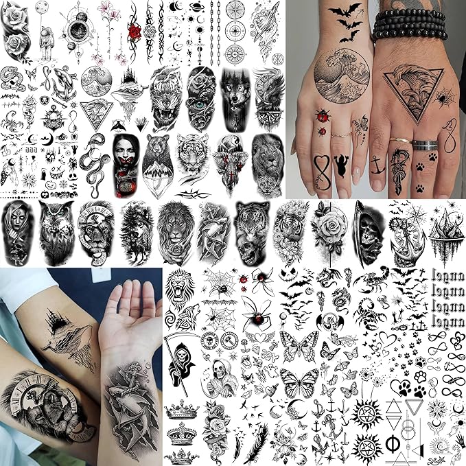72 Sheets Lion Skull Temporary Tattoos For Men Women, Halloween Half Arm Sleeve Tattoo Stickers Zeus Eagle Tiger Ship, 3D Watercolor Temp Gothic Waterproof Fake Tattoos Adults Flower Skeleton Compass