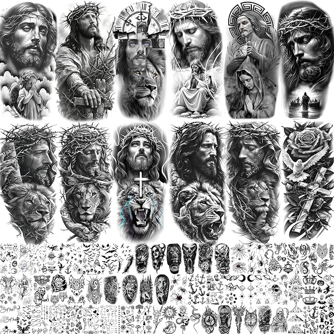 74 Sheets Jesus Christ Temporary Tattoos For Women Men, 12 Sheets Half Arm Large Religious God Christian Lion Cross Fake Tattoos Adults, 62 Sheets Realistic Angels Virgin Mary Tattoos Stickers Faith