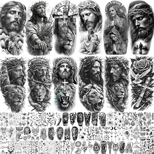 74 Sheets Jesus Christ Temporary Tattoos For Women Men, 12 Sheets Half Arm Large Religious God Christian Lion Cross Fake Tattoos Adults, 62 Sheets Realistic Angels Virgin Mary Tattoos Stickers Faith