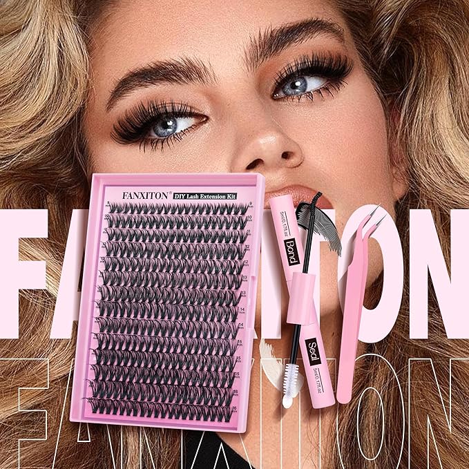 FANXITON DIY Lash Extension Kit 40D D Individual Lashes Lash Clusters Kit Cluster Lashes Lash Bond and Seal and Lash Tweezers for Lash Clusters Kit DIY at Home