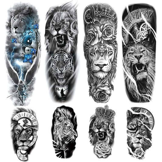 Lion Tattoos 4-Sheet Full Sleeve and 4-Sheet Half Sleeve Sticker Makeup Props for Men, Women & Kids
