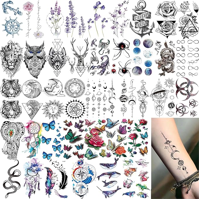 54 Sheets Large Watercolor Lion Owl Temporary Tattoos For Women Arm Adults Thigh, 3D Long Lasting Temp Tattoo Sticker For Men Chest Shoulder, Wolf Tiger Bulk Fake Tatoos Kit Set Rose Butterfly