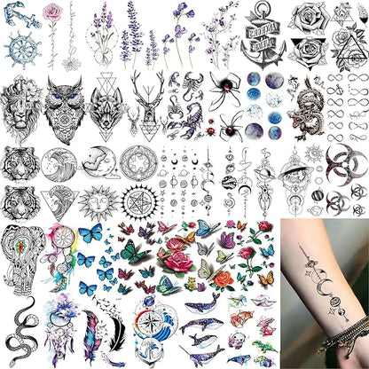 54 Sheets Large Watercolor Lion Owl Temporary Tattoos For Women Arm Adults Thigh, 3D Long Lasting Temp Tattoo Sticker For Men Chest Shoulder, Wolf Tiger Bulk Fake Tatoos Kit Set Rose Butterfly