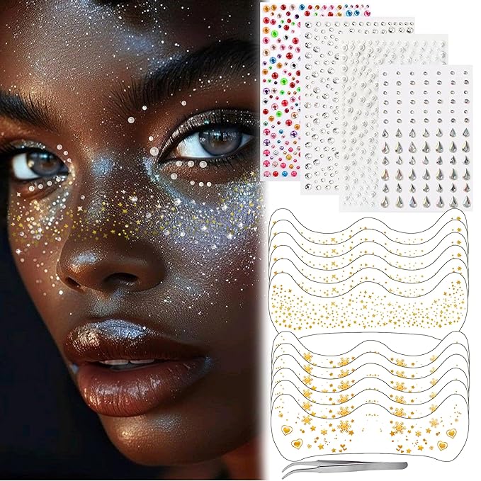 Glitter Freckles Face Tattoo - Gold Face Glitter Makeup Speckles - Face Glitter Speckles Patches - Waterproof Sparkle Freckles for Women - Face Gems and Pearls for Makeup - 12 Count (Gold)