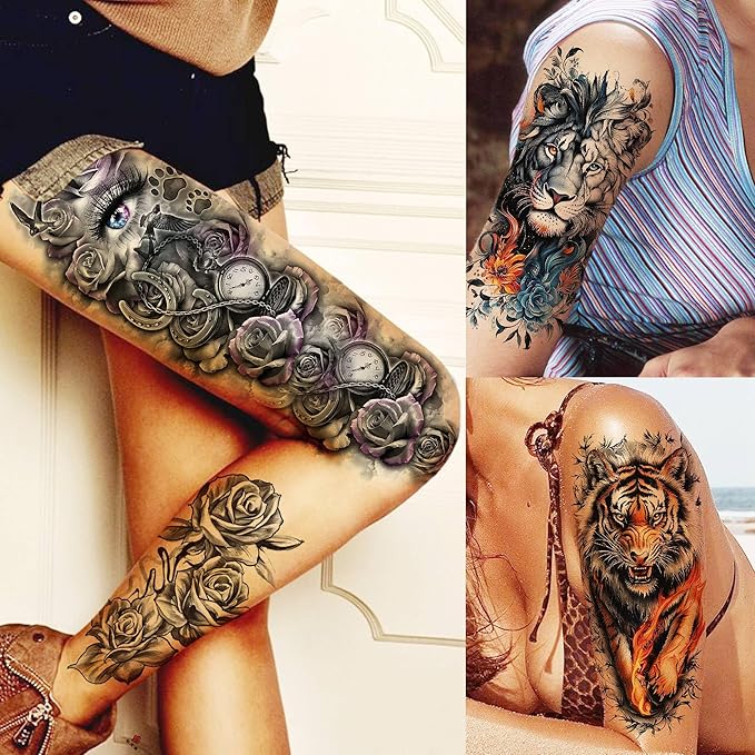20 Sheets Full Arm Sleeve Temporary Tattoos For Women Girls Thigh, Rose Flower Tribal Eye Compass Clock Fake Tattoo Sleeve For Adults, Long Lasting Peony Florals Peace Dove Black Tattoo Stickers