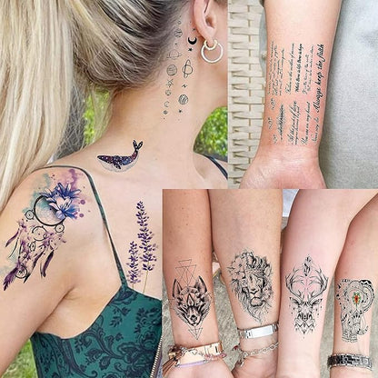 66 Sheets 430+ PCS Cute Temporary Tattoos For Women Men Adults, Watercolor Butterfly Flower Lavender Fake Tattoo Stickers Kids Boys Girls, Black Star Animals Space Temp Tattoos Dragon Wolf Lion