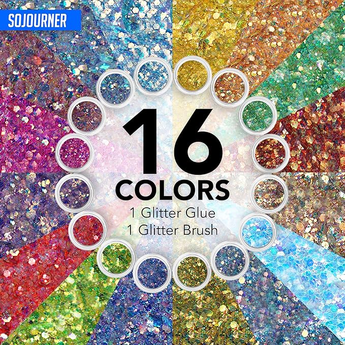 Fairy Tears Chunky Holographic Body Glitter I 16 Colors + Glitter Glue for Face Glitter Makeup, Hair, Eye & Fine Glitter Eyeshadow - Perfect for Halloween, Resin, Tumblers, Craft, Cosmetic & Nail Art
