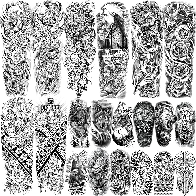 20 Sheets Sexy Phoenix Full Arm Temporary Tattoos For Men Adults, Wolf Skull King Dove Peace Rose Flower Fake Tattoo Sleeve For Women, 3D Black Maori Cross Wolf Halloween Sleeve Tattoo Stickers Coyote