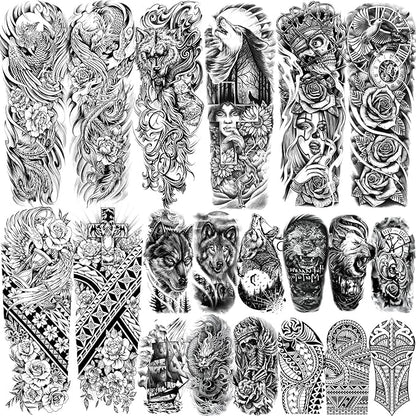 20 Sheets Sexy Phoenix Full Arm Temporary Tattoos For Men Adults, Wolf Skull King Dove Peace Rose Flower Fake Tattoo Sleeve For Women, 3D Black Maori Cross Wolf Halloween Sleeve Tattoo Stickers Coyote