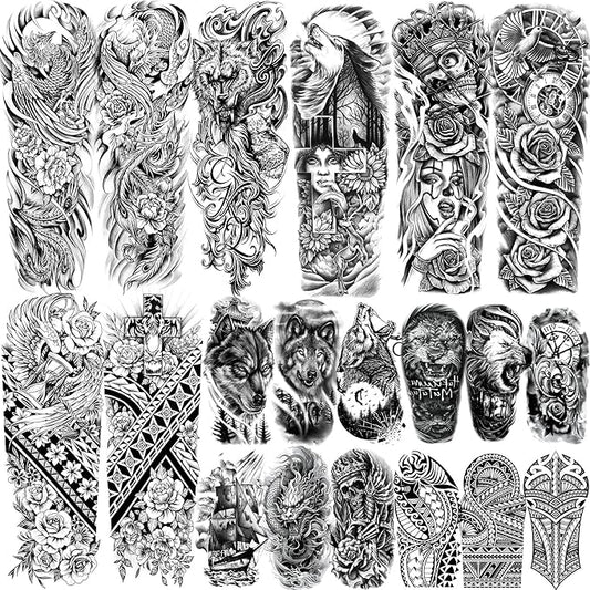 20 Sheets Sexy Phoenix Full Arm Temporary Tattoos For Men Adults, Wolf Skull King Dove Peace Rose Flower Fake Tattoo Sleeve For Women, 3D Black Maori Cross Wolf Halloween Sleeve Tattoo Stickers Coyote