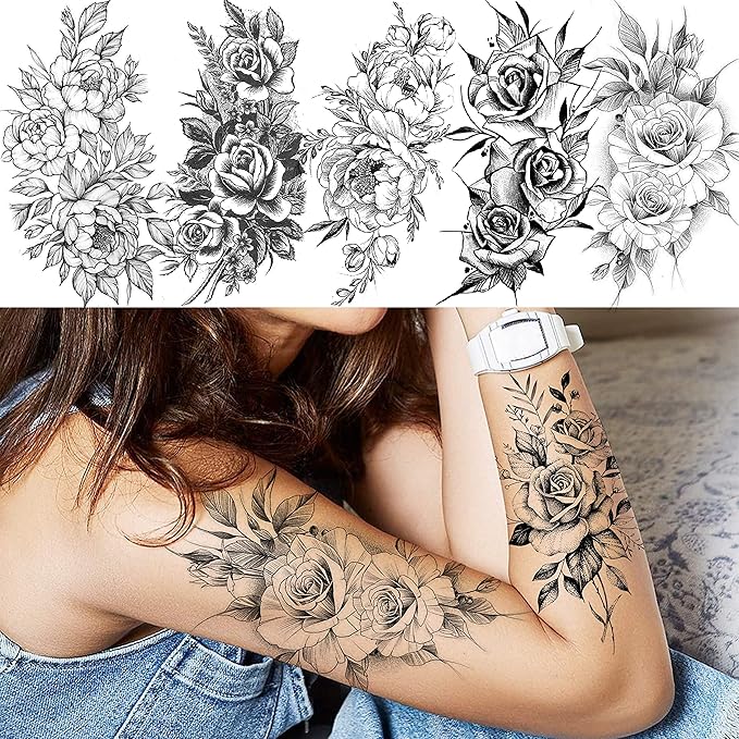 63 Sheets Realistic Black Rose Peony Flower Temporary Tattoos for Women Adults Body Art Arm, Snake Fake Floral Sketch Sleeve Tattoo Sticker