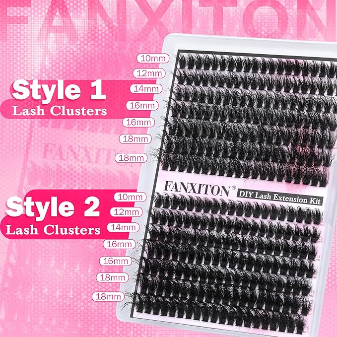 FANXITON Lash Clusters with Lash Bond and Seal Sweatproof, 10-18 mm D Volume Lash Extension Kit 280 pcs Individual Lashes Lash Clusters Kit and Tweezers Thick DIY Eyelash Extension Kit