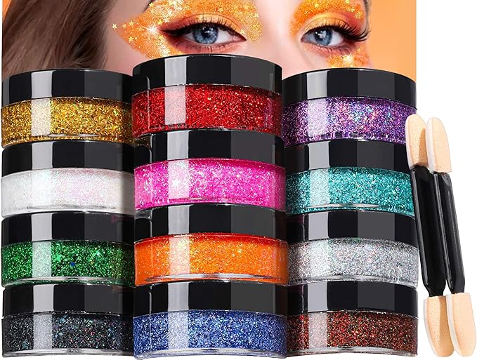 Teenitor Face Glitter Gel Set, No Glue Body Glitter, Festival Makeup Glitter for Face, Body, Hair, Total 120g/4.23oz, 12 Color