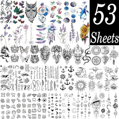 53 Sheets 3D Large Tiger Dragon Temporary Tattoos For Women Thigh Men Arm Adult, Half Sleeve Halloween Gangster Lion Owl Fake Tattoo Sticker, Warrior Wolf Flower Bulk Tiny Small Tatoos Finger