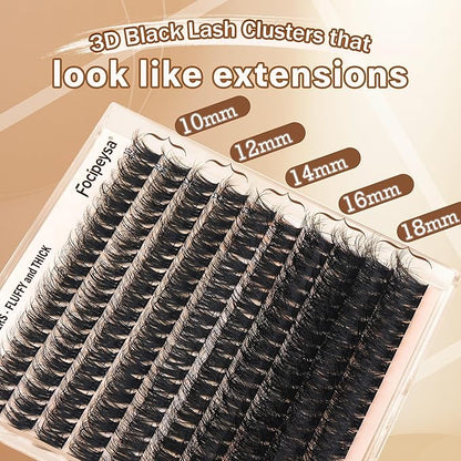 Focipeysa Full Volume Lash Extension Kit 200Pcs Lash Clusters Kit with Lash Bond and Seal and Lash Tweezers Lash Clusters DIY Eyelash Extensions Kit at Home (150D 10-18mm D Curly)