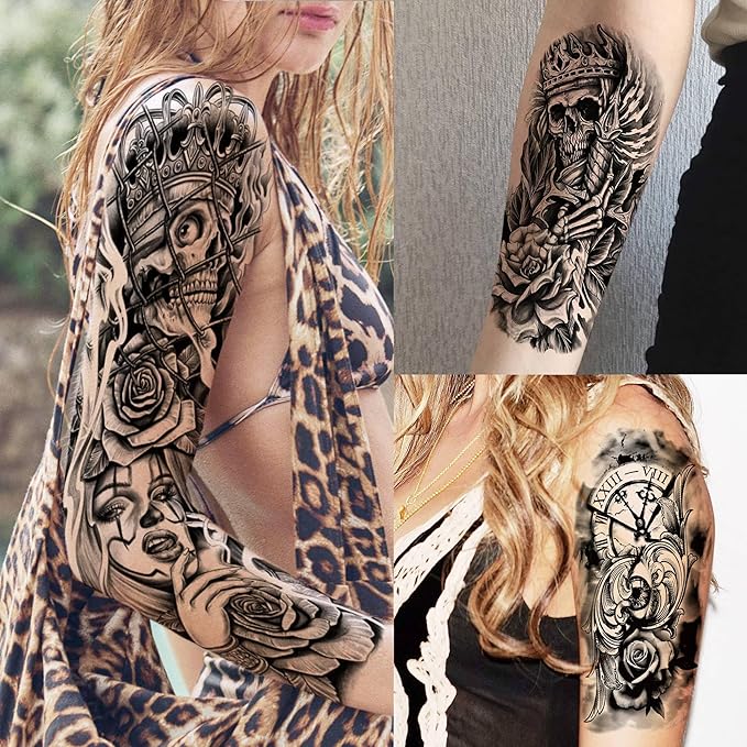 20 Sheets Sexy Phoenix Full Arm Temporary Tattoos For Men Adults, Wolf Skull King Dove Peace Rose Flower Fake Tattoo Sleeve For Women, 3D Black Maori Cross Wolf Halloween Sleeve Tattoo Stickers Coyote