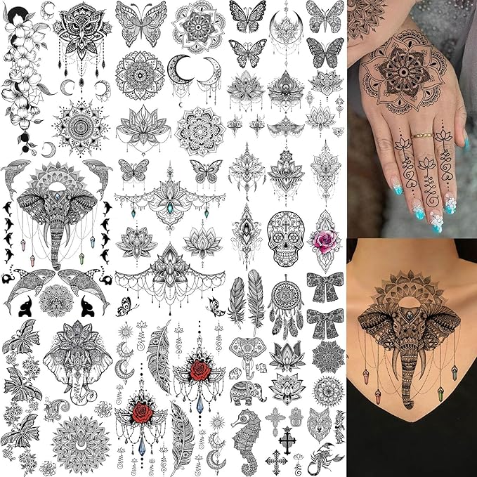 28 Sheets Tribal Black Temporary Tattoos For Women Girls, Waterproof Fake Tattoos Temporary Elephant Ganesha Lace Tattoo Kits, Lotus Mandala Flower Tatoo Sticker Moon Neck Chest Arm Butterfly