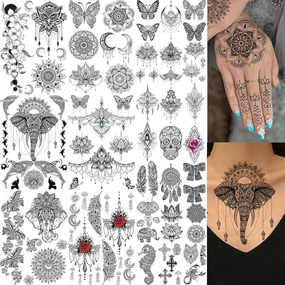 28 Sheets Tribal Black Temporary Tattoos For Women Girls, Waterproof Fake Tattoos Temporary Elephant Ganesha Lace Tattoo Kits, Lotus Mandala Flower Tatoo Sticker Moon Neck Chest Arm Butterfly