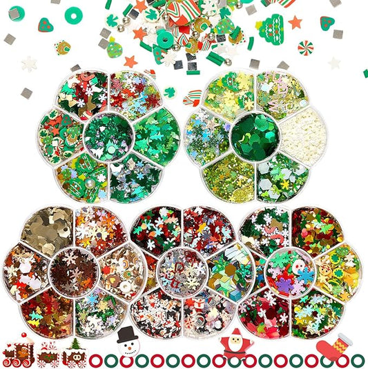 Rose Flower Christmas Chunky Glitter, 5 Boxes Mixes Sequins 3D Holographic Iridescent Theme Festival, Snowflakes, Santa Claus, Tree Craft, Santa Claus Decorate for DIY Arts Face Hair Body Nail
