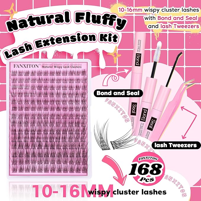 FANXITON Wispy DIY Lash Extension Kit Natural Lash Clusters C Individual Lashes Lash Clusters Kit Cluster Lashes Lash Bond and Seal and Lash Tweezers for Lash Clusters Kit DIY at Home