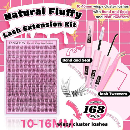 FANXITON Wispy DIY Lash Extension Kit Natural Lash Clusters C Individual Lashes Lash Clusters Kit Cluster Lashes Lash Bond and Seal and Lash Tweezers for Lash Clusters Kit DIY at Home