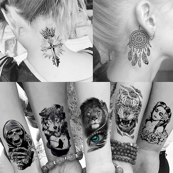 63 Sheets Realistic Black Rose Peony Flower Temporary Tattoos for Women Adults Body Art Arm, Snake Fake Floral Sketch Sleeve Tattoo Sticker