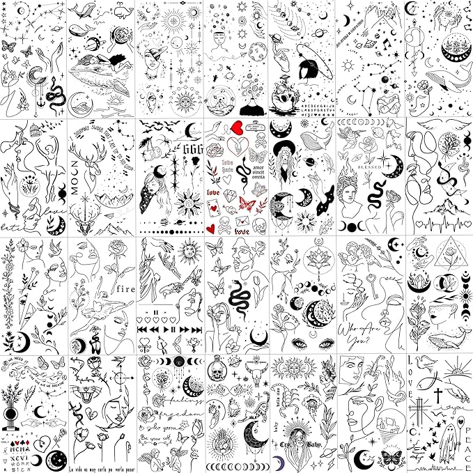 28 Sheets 220+ Minimalism Temporary Tattoos - Moon, Sun, Stars, Snakes, Flowers for Women, Men, Adults, Kids