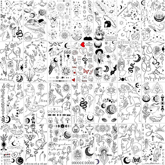 28 Sheets 220+ Minimalism Temporary Tattoos - Moon, Sun, Stars, Snakes, Flowers for Women, Men, Adults, Kids