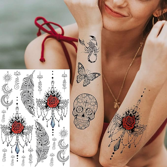 28 Sheets Tribal Black Temporary Tattoos For Women Girls, Waterproof Fake Tattoos Temporary Elephant Ganesha Lace Tattoo Kits, Lotus Mandala Flower Tatoo Sticker Moon Neck Chest Arm Butterfly