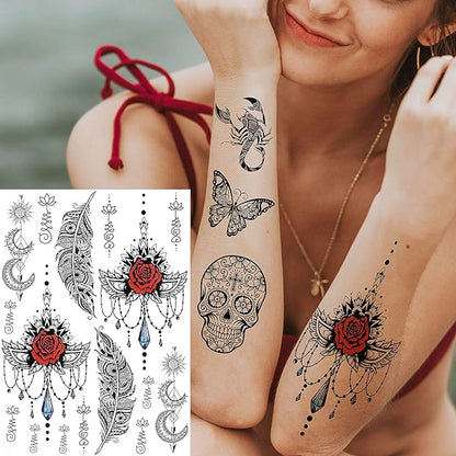 28 Sheets Tribal Black Temporary Tattoos For Women Girls, Waterproof Fake Tattoos Temporary Elephant Ganesha Lace Tattoo Kits, Lotus Mandala Flower Tatoo Sticker Moon Neck Chest Arm Butterfly